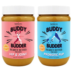 Buddy Budder Bow-Wow Blueberry : bocal bleu, probiotiques pour chiens, soutien digestif potentiel.