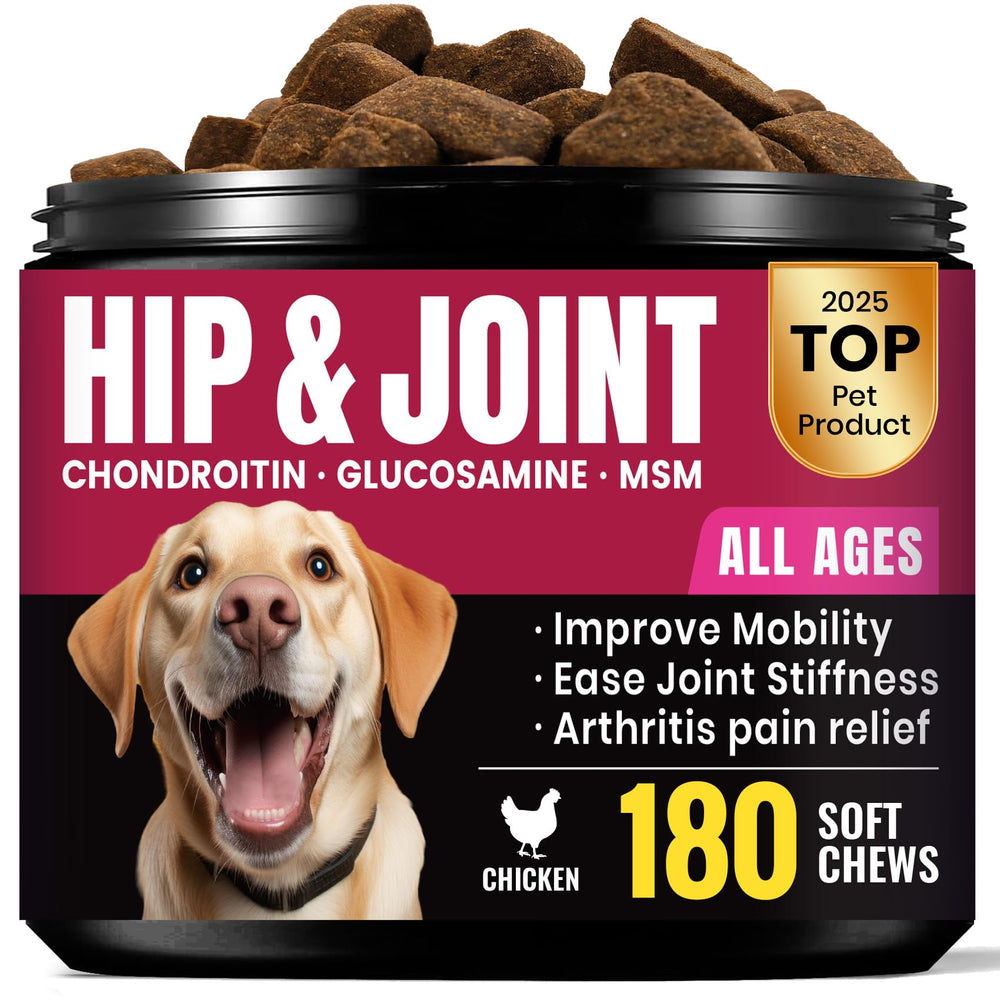 BuddyCheer glucosamine pour chiens, bouteille de 180 bouchées illustrant le format volumineux.