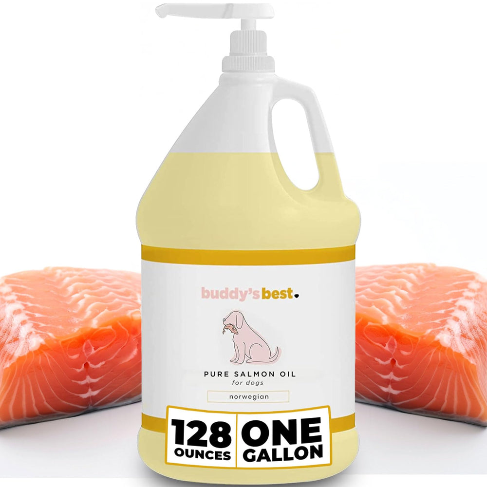 Buddy's Best huile saumon chien bouteille pompe: complément oméga 3 pour pelage et articulations.