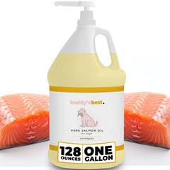 Buddy's Best huile saumon chien bouteille pompe: complément oméga 3 pour pelage et articulations.