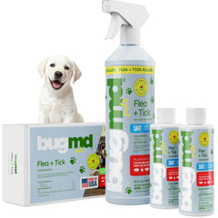 BugMD Concentré Puces et Tiques, bouteille 3-7oz, traitement pratique à domicile.