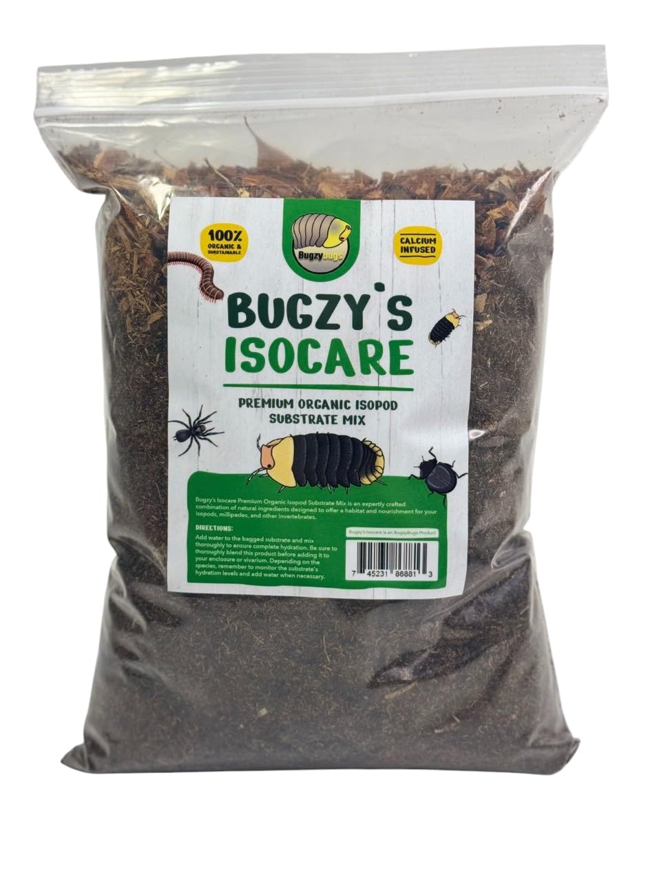 Bugzy Bugs Isocare Substrat Bioactif: melange nourrissant pour isopodes et invertébrés.