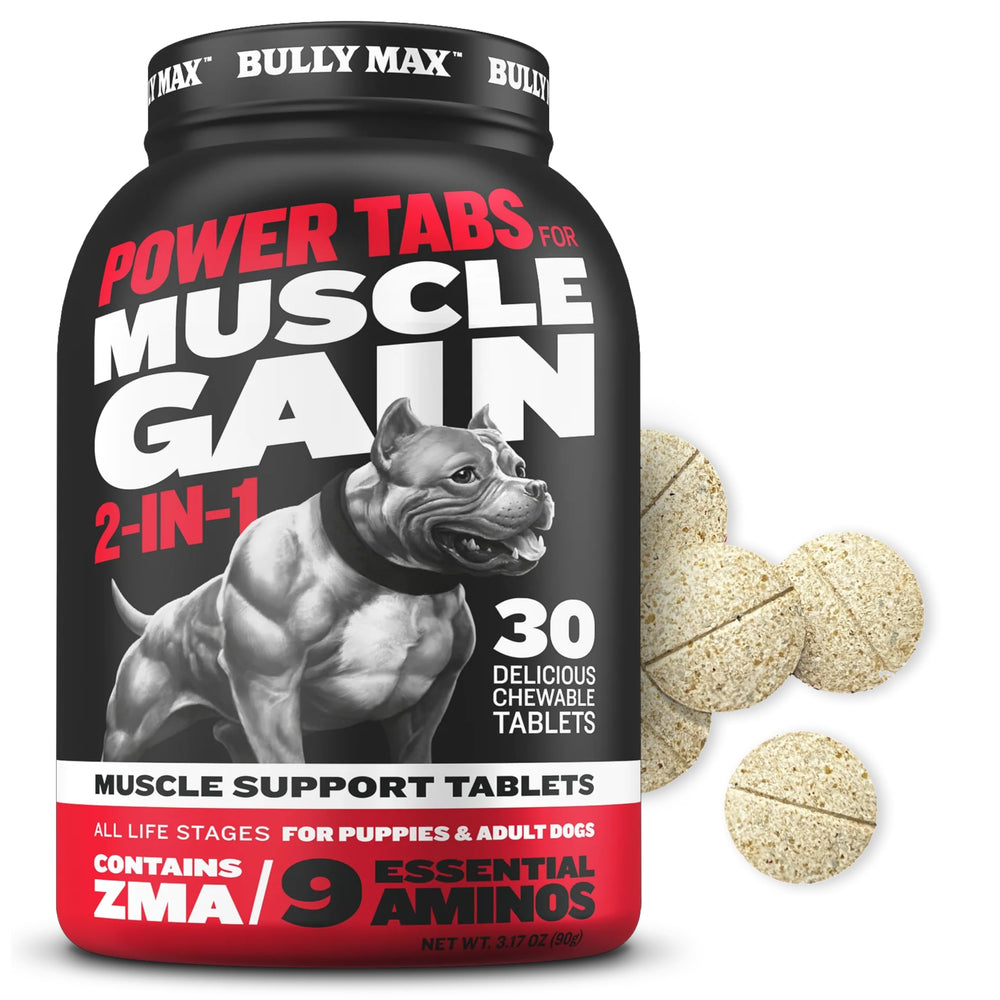 Boîte Bully Max présentant les tablettes musculaires pour chiens, soutien musculaire.