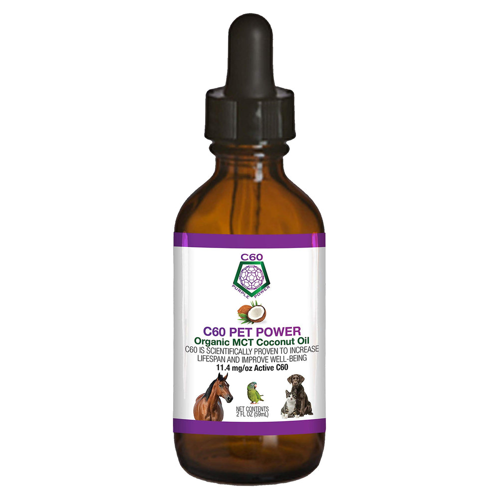 C60 Power pour Animaux — flacon montrant le produit et le potentiel soutien au bien-être.