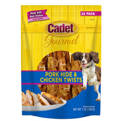 Cadet Gourmet emballage: twist au poulet pour chiens, prêt à déguster.