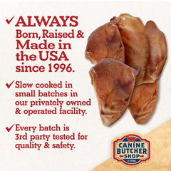 Canine Butcher Shop Oreilles de porc, séchées lentement pour une friandise durable.
