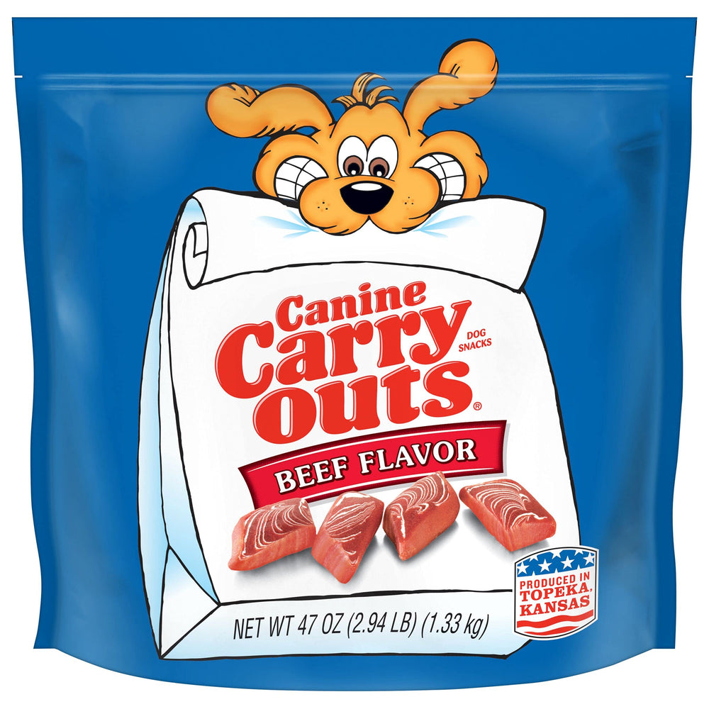 Canine Carry Outs boeuf: aperçu du pack 4 sacs, pratique pour les récompenses quotidiennes.