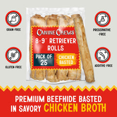 Rouleaux Canine Chews enrobés de bouillon de poulet savoureux.