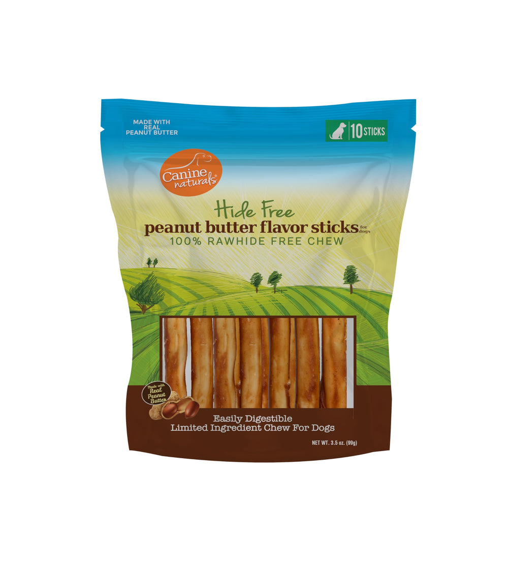 Canine Naturals bâtonnet mâché au beurre de cacahuète, sans cuir, digestible.