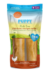 Canine Naturals emballage des rouleaux chiot poulet et riz favorisant une mastication sûre.