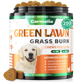 Bouteille Carmelie Grass Burn Spot Chews, indication de soin du gazon et bien-être canin.