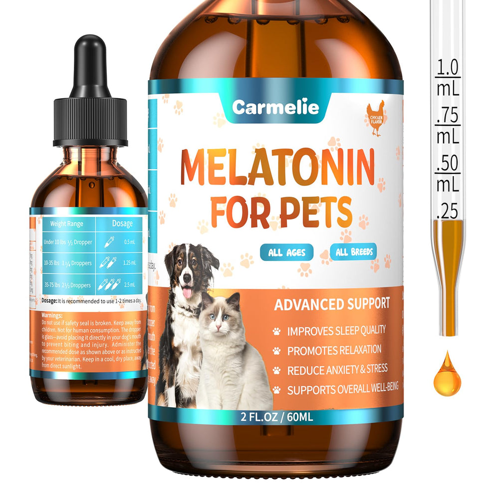 Carmelie Mélatonine – bouteille 60ml pour animaux favorisant le repos.