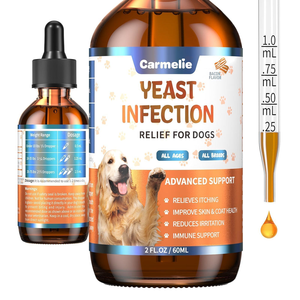 Carmelie Relief Levure Chiens – flacon pratique pour le soin quotidien.