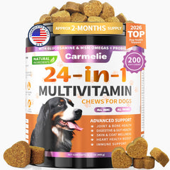 Carmelie friandises chien 24 en 1 en bouteille pour un soutien nutritionnel pratique.