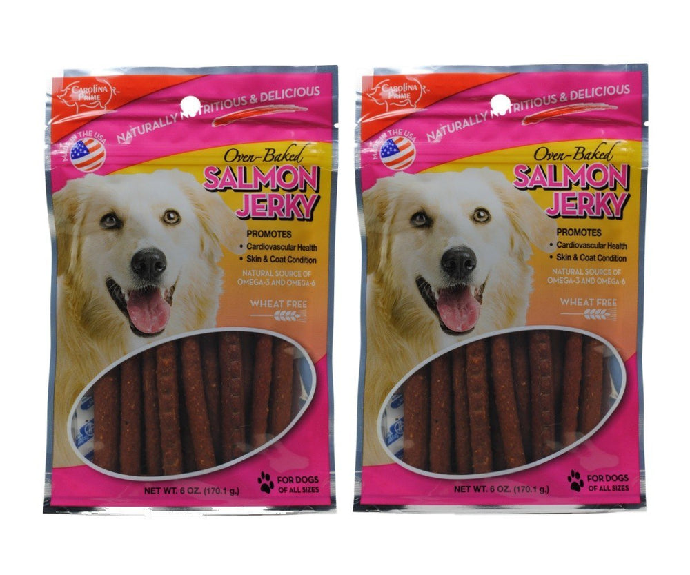 Emballage Carolina Prime Pet avec jerky saumon, option pratique et sans blé.