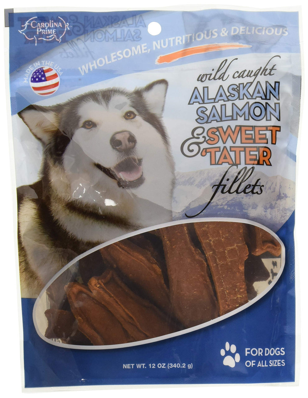 Carolina Prime Pet filets saumon et patates douces dans une poche réclosable.