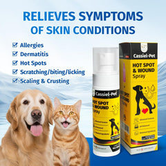Cassiel pet spray soin plaies chiens chats, nettoie délicatement et prépare la peau pour une guérison légère.