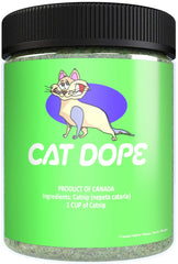 Cat Dope: bouteille d'herbe à chat ouverte, prête pour des jeux stimulants.