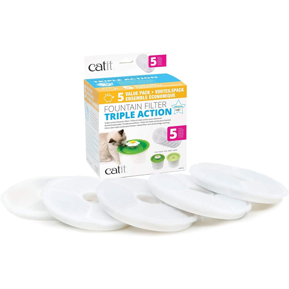 Filtre Catit triple action – lot de 5 pour fontaine chat, eau plus fraîche.