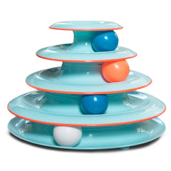 Catstages Chase Meowtain montre les quatre niveaux avec boules tournantes pour stimuler l’activité du chat