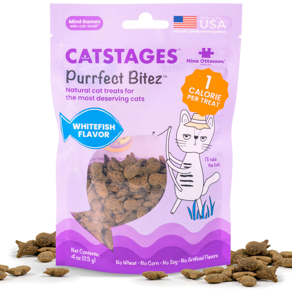 Catstages Purrfect Bitez, bouchées croquantes au poisson blanc pour récompenser le chat.