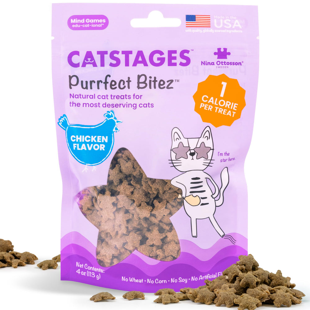 Catstages Purrfect Bitez au poulet, croquant, récompense parfaite lors du jeu.