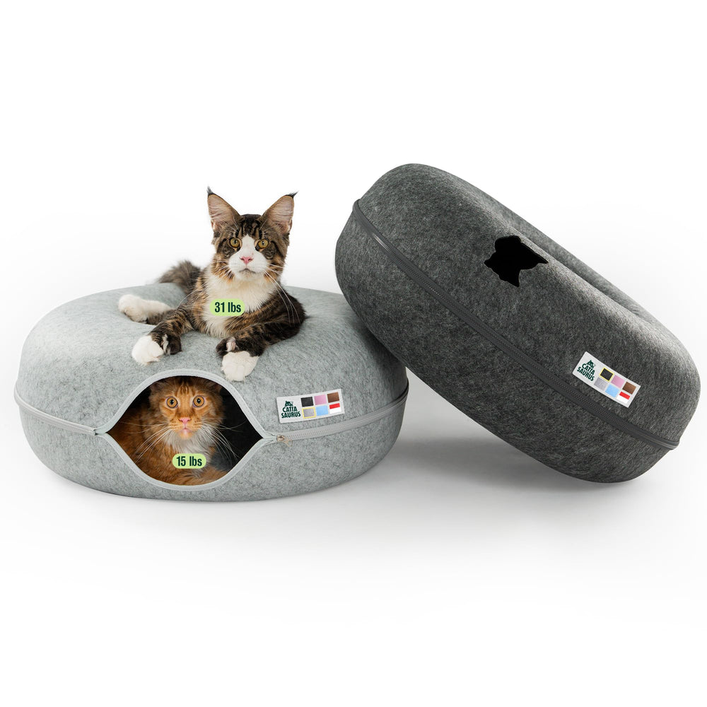 Cattasaurus Peekaboo: cave-donut-grand, espace sûr pour chats lourds et confort assuré.