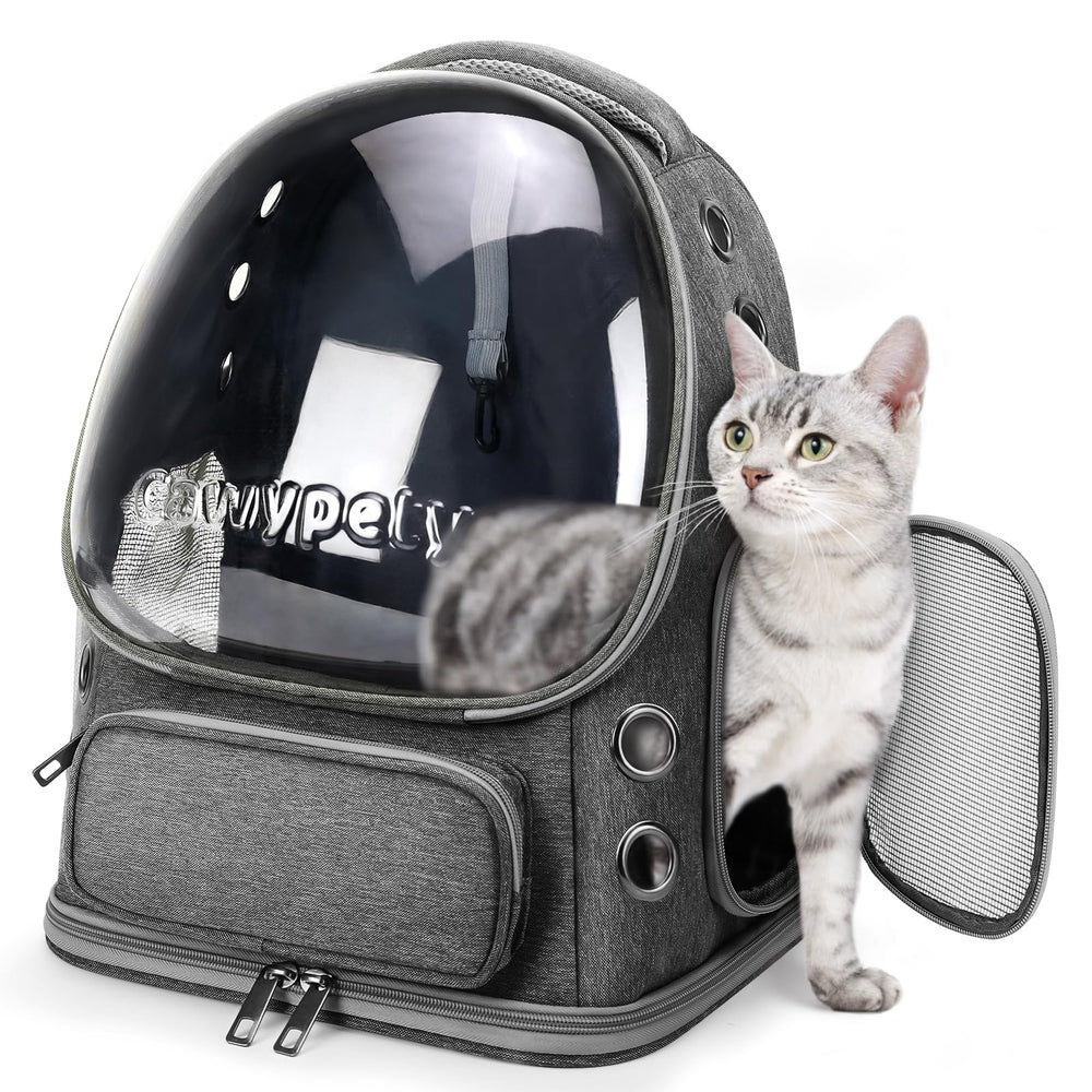 Cawypety sac-dos-chat hublot-bulle avec ventilation, vue extérieure rassurante.