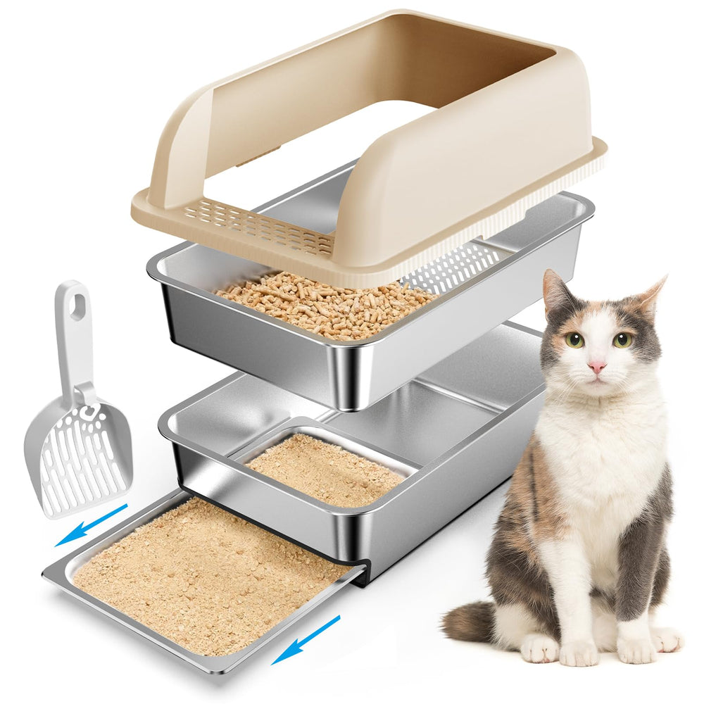 CHENOVE boîte litière inox avec ouverture du tiroir pour un nettoyage rapide.