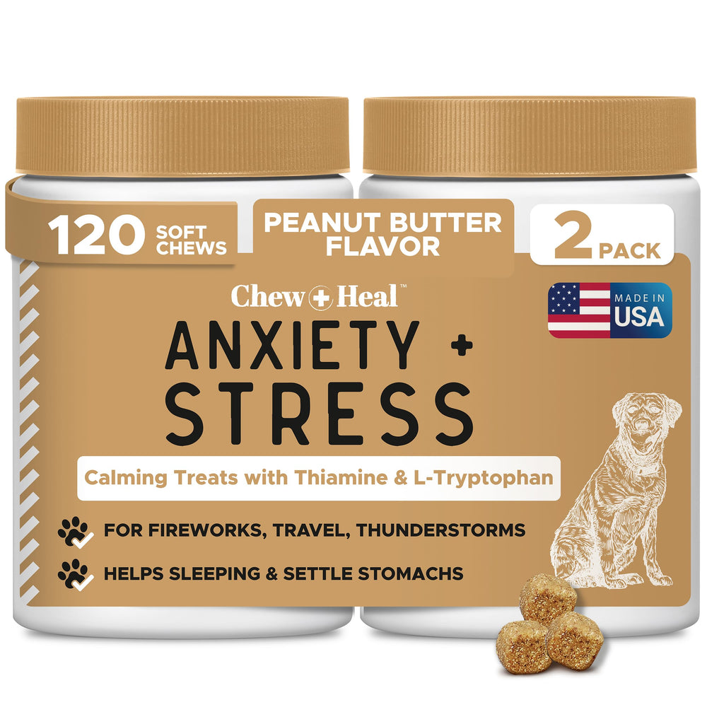 Chew + Heal Labs friandises apaisantes pour chien dans un bocal, favorisant le calme