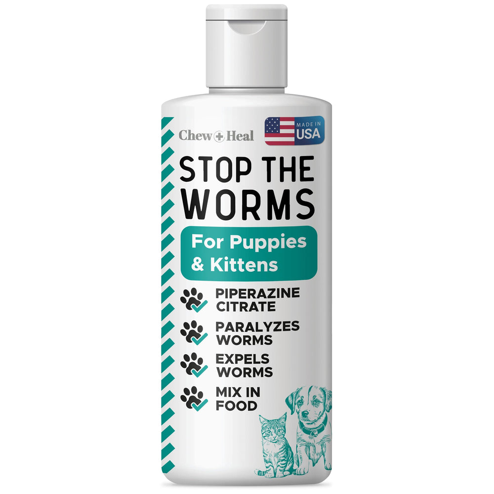Chew + Heal Labs vermifuge liquide, flacon 12oz pour dosage pratique.