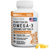 Bouteille Chew + Heal Labs Omega-3 pour chien, pratique et pelage sain.