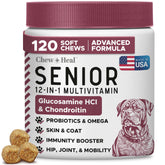 Chew + Heal Labs multivitamine chiens seniors — emballage clair et informations nutritionnelles