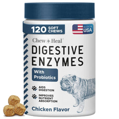 Chew + Heal Labs – Probiotiques digestifs en bouchées saveur poulet, soutien digestion.