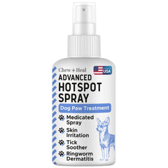 Chew + Heal Labs spray sur zone irritée du chien, apaisement potentiel.