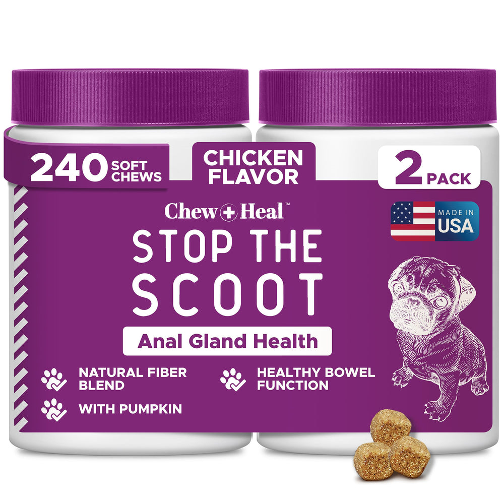 Stop le Scoot de Chew Heal Labs — bouteille affichant friandises au poulet pour la digestion.