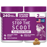 Stop le Scoot de Chew Heal Labs — bouteille affichant friandises au poulet pour la digestion.