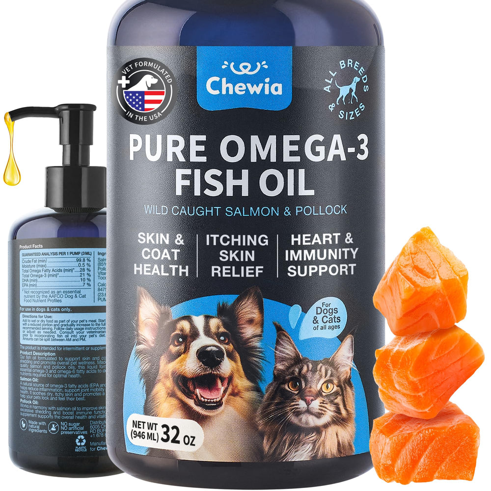 CHEWIA – Bouteille huile poisson : soutien pelage brillant et peau saine pour chiens et chats.