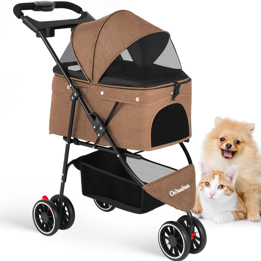 Poussette Chihuahua avec trois roues et sécurité intégrée pour petits chiens et chats.