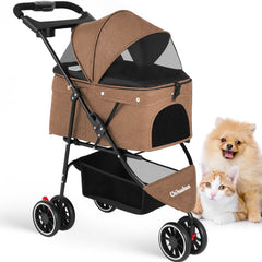 Poussette Chihuahua avec trois roues et sécurité intégrée pour petits chiens et chats.