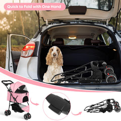 Chihuahua poussette rose avec freins arrière et roues pivotantes pour contrôle sûr.