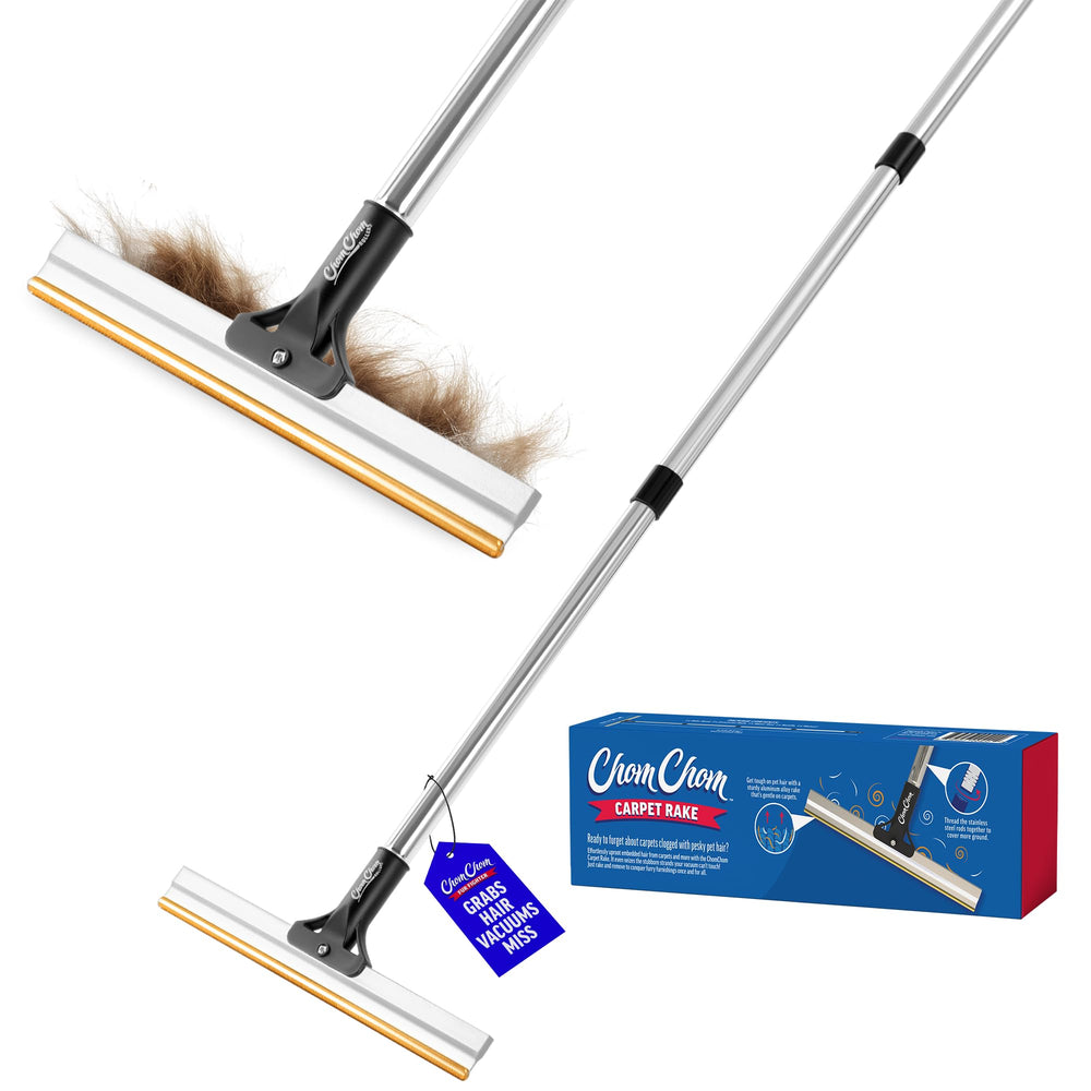 ChomChom Râteau sur tapis avec dents en cuivre éliminant les poils incrustés.
