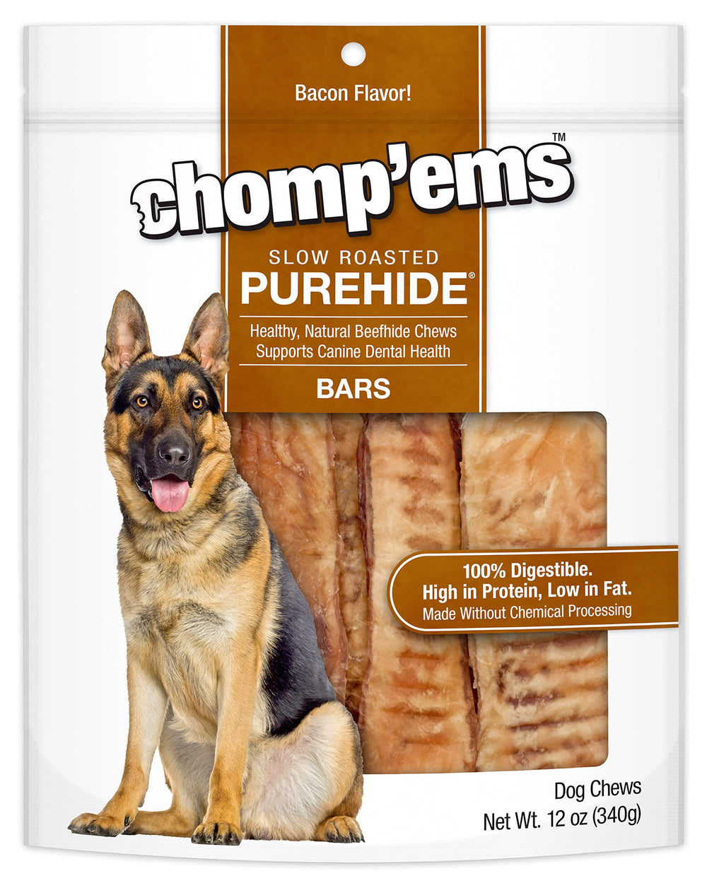 CHOMP EMS Purehide os à mâcher bacon, friandise digeste pour chiens.