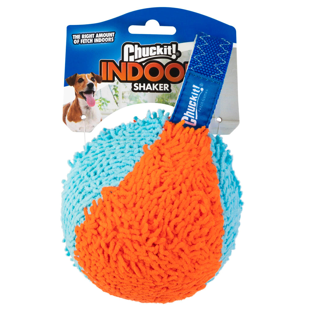Chuckit! Indoor Fetch Shaker couleur orange et bleu, attractif pour jeux intérieurs.