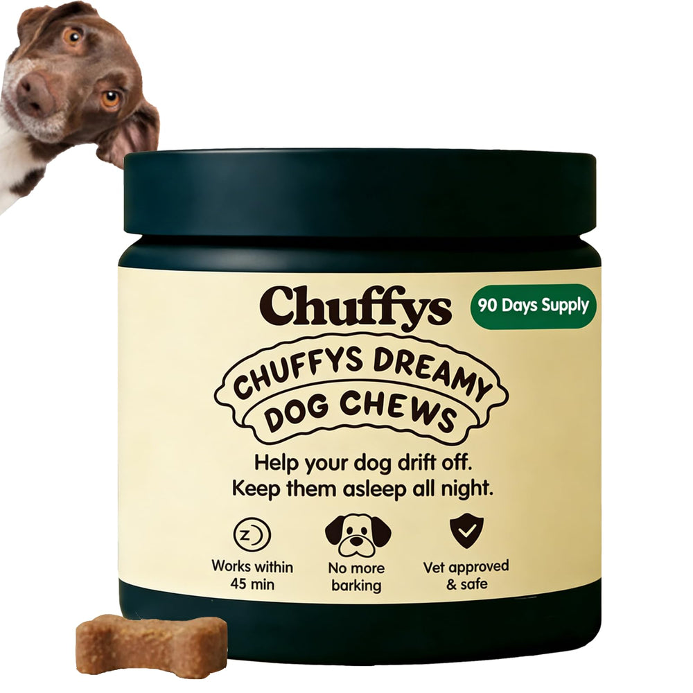 Chuffys Dreamy Pup Chews – bouteille: calme naturel pour chien et repos paisible.