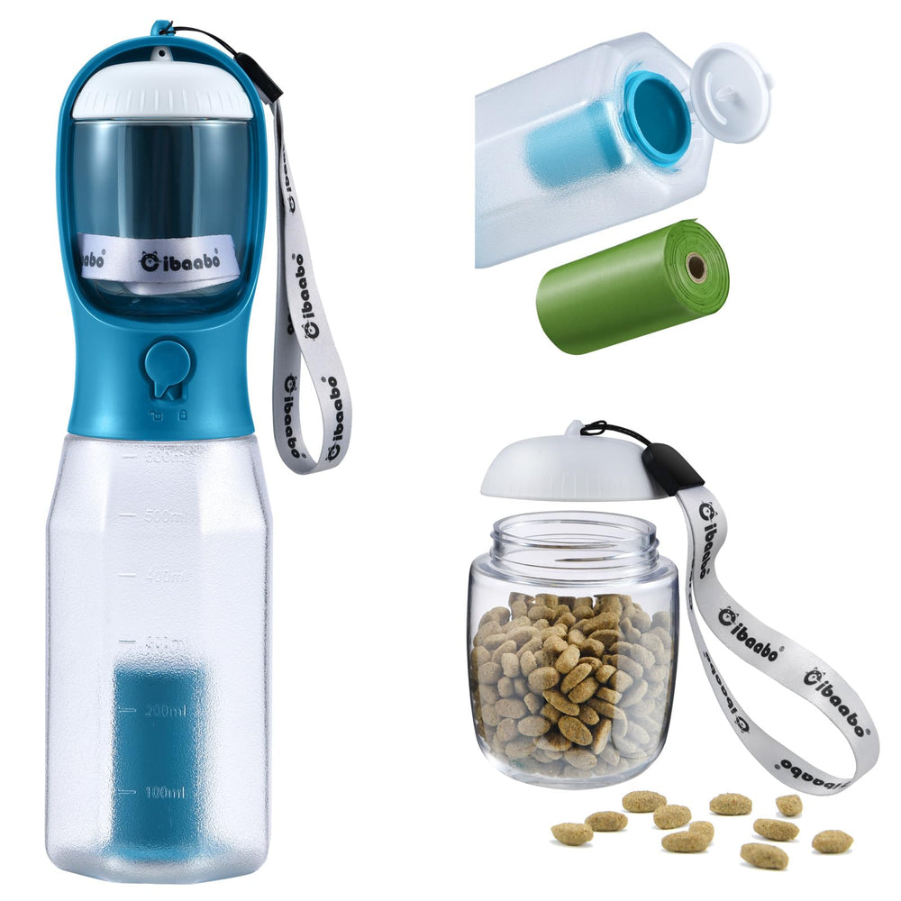 Bouteille d'eau pour chien Cibaabo avec conteneur nourriture, pratique en balade.