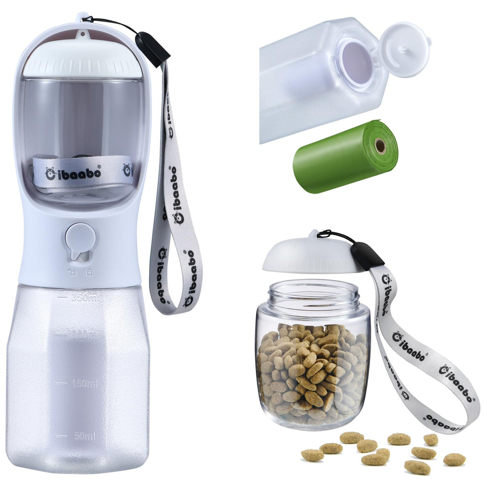 Gourde Cibaabo pour chien avec conteneur nourriture intégré, pratique lors des promenades.