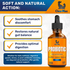 Clear Max Probiotiques Liquide – Gouttes précises pour chiens et chats, administration facile.