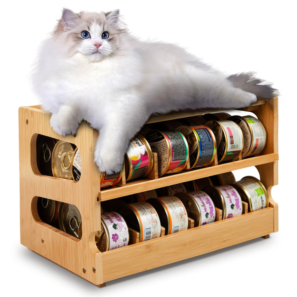 Coanto organisateur chat en bambou, 36 boîtes de 85 g, pratique et stable.