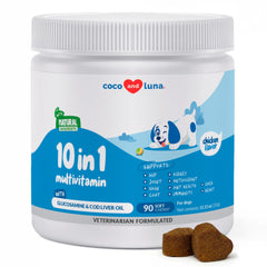 Coco et Luna, multivitamine chien, bouteille scintillante pour le bien-être quotidien.